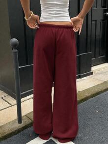 SHEIN EZwear 女款休閒極簡風酒紅色前綁帶寬鬆運動長褲，適合日常穿著與返校季 - 紅色 - 查看 2