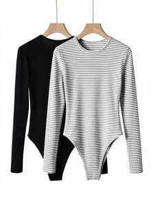 SHEIN BASICS Women's Casual Minimalist Long Sleeve Bodysuit 2pcs Set - Multicolor - View 8