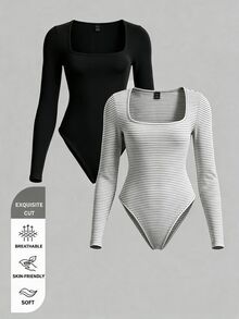 SHEIN BASICS Women's Casual Minimalist Long Sleeve Bodysuit 2pcs Set - Multicolor - View 1