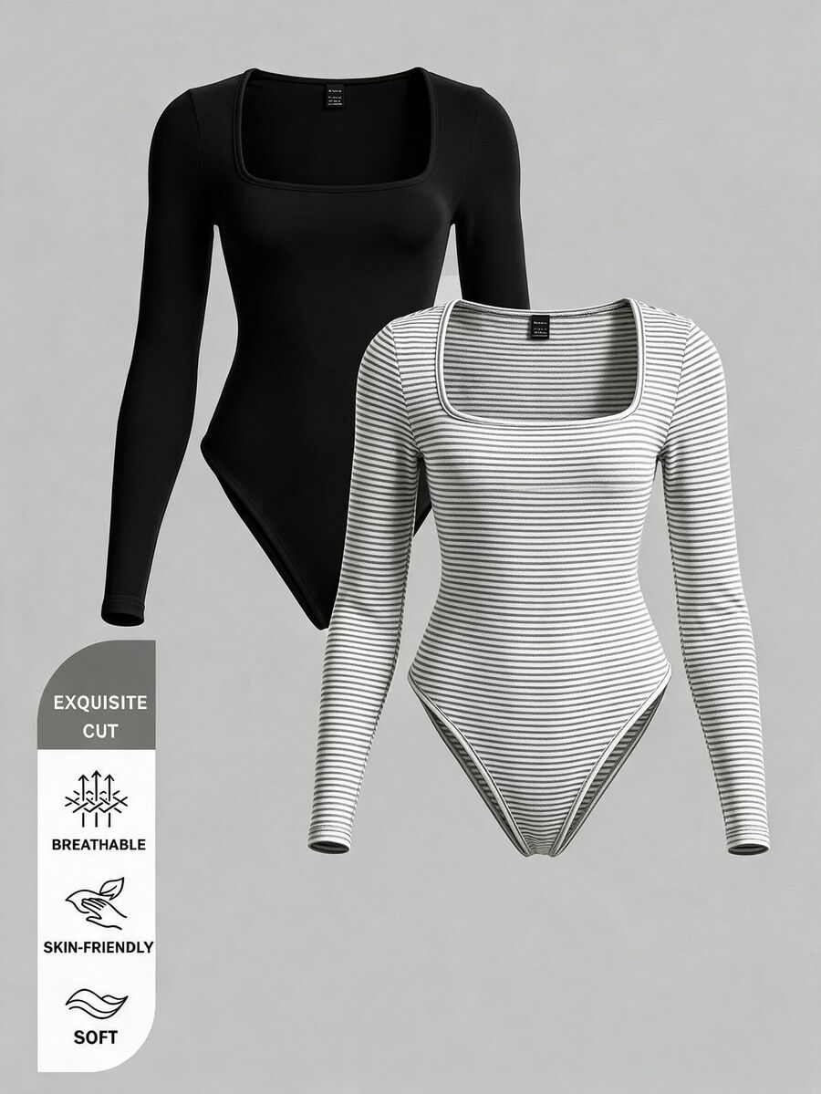 SHEIN BASICS Women's Casual Minimalist Long Sleeve Bodysuit 2pcs Set - Multicolor - View 1