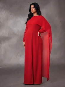 Cheriluna Maternity 大尺碼純色休閒浪漫優雅派對正式洋裝，適合孕婦，秋季聖誕紅 - 紅色 - 查看 6