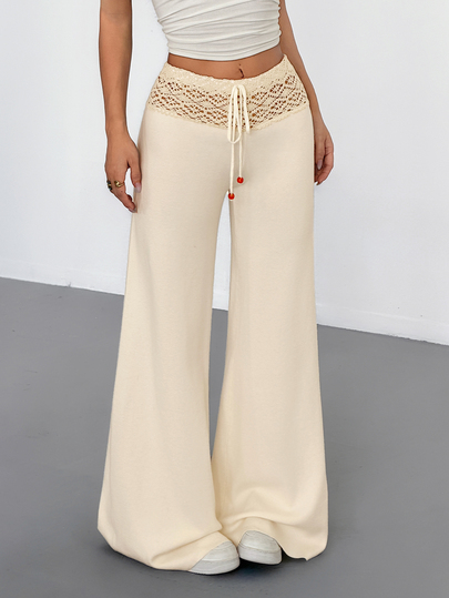 SHEIN ICON Pantalon tricoté élégant pour femmes à jambes larges et amples avec ceinture en dentelle contrastée