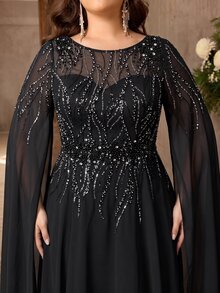 Aureia Plus Size Elegant Glamorous Black Sequin Embroidered Patchwork Chiffon Round Neck Water Sleeve Burnout Print Exquisite Craftsmanship Ruched A-Line Hem Evening Gown Suitable For All Formal Occasions (Heavy Work Design) - Black - View 7