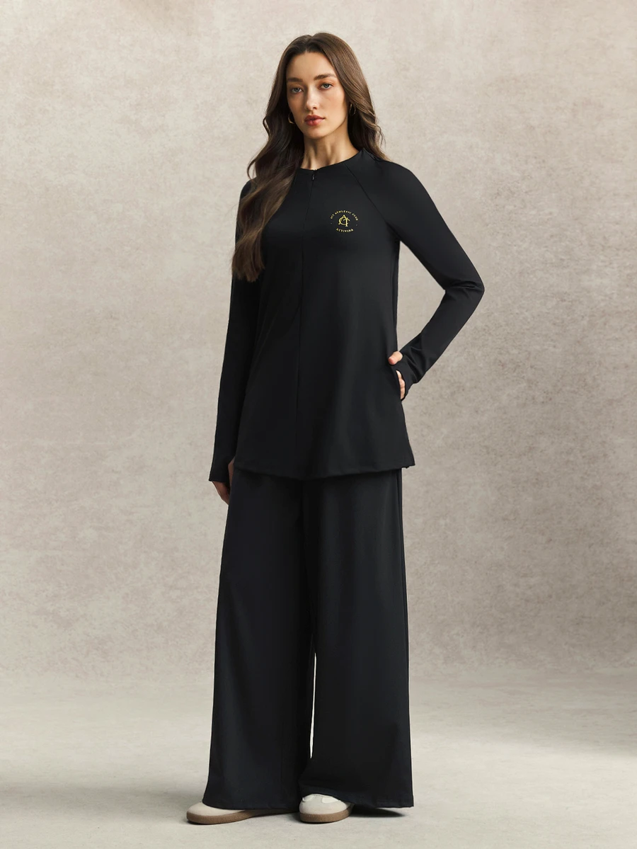 Activina Women's Muslim Modest Autumn Long Sleeve Activewear Set Loose Crew Neck Top Wide Leg Pants 2 Piece Yoga Gym Casual Outfit - Black - View 1