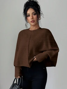 Elenzga 女款秋季新品單件圓領極簡優雅短版日常百搭通勤時尚針織套頭長袖毛衣 - 咖啡棕 - 查看 3