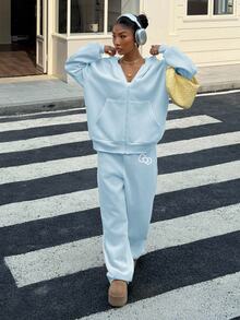 HELLO KITTY AND FRIENDS | SHEIN SHEIN EZwear 女款純色拉鍊連帽外套與長褲休閒日常套裝 - 彩色 - 查看 4
