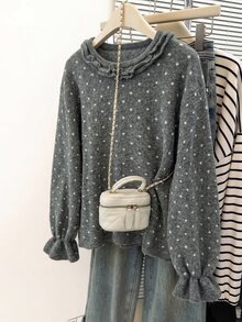Muvela 女款灰色波點長袖毛衣，適合秋冬穿著，附荷葉邊喇叭袖口 - 淺灰色 - 查看 8