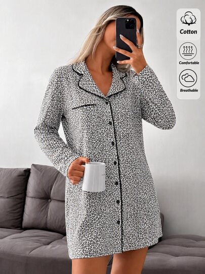 SHEIN Vestido de Dormir/Camisola Feminina com Estampa de Leopardo, Debrum Contrastante, Botões à Frente, Manga Comprida, Macio e Elástico