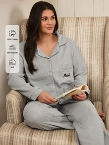 Doze Lane Autumn/Winter All Cotton Solid Color Embroidered Letter Pattern Patch Pocket Turn-Down Collar Front Button Long Sleeve Long Pants Women Plus Size Pajama Set - Grey - View 6