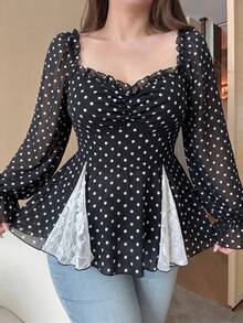 Vibekara New Elegant Sweet Chiffon & Contrast Lace Puff Sleeve Blouse, Frill Trim Cropped Shirt For Women, Slim Fit Fall - Black - View 1