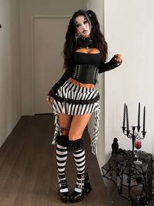 Coolane 女款秋冬條紋對比蕾絲不對稱下擺時尚裙，萬聖節 Cosplay - 黑與白 - 查看 5