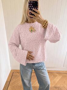 SHEIN EZwear 海外長袖淺粉色豹紋印花T恤，秋季上衣，適合日常通勤、聚會、秋冬/夏季、聖誕節、新年、感恩節、派對、婚禮、海灘、畢業典禮、優雅、外出、約會、通勤、情人節、優雅、度假、Y2K、畢業典禮等場合 - 彩色 - 查看 4