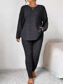 SHEIN Frenchy Ladies Fall Outfits Back To School Workout Set Simple Minimalist Tight Texture Leggings And Long Sleeve Top Set Women Plus Two Pieces Set - Dark Grey - View 3