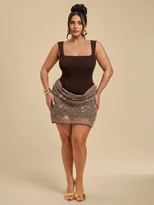 SHEIN BAE CURVE Plus Size Women's Brown Colorblock Sequin Hem Fashion Sleeveless Mini Dress - Brown - View 4