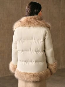 Anewsta Women's Long Sleeve Zipper Front Patchwork Fur Collar Thickened Winter Jacket - Beige - View 2