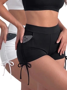 SHEIN Sovereign Charm Women's Plus Size Solid Color Pocket Tie Design Sports Shorts - Black and White - View 1