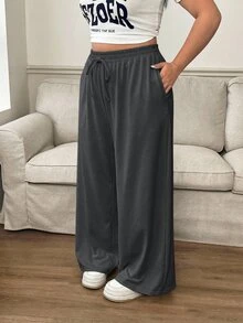 SHEIN PETITE CURVE 2件組大尺碼女款純色抽繩腰休閒日常穿著長褲 - 彩色 - 查看 4