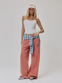 MUSERA Red Graphic Embroidered Tie Waist Loose Fit Jogger Cute Daily Vintage Y2K Back To School Primary - Red - View 5