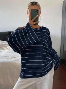 DAZY 女款條紋不對稱肩寬鬆街頭休閒T恤 - 藏蓝色 - 查看 2
