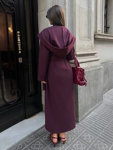 Aloruh Mantel Wanita Elegan untuk Perjalanan Kerja, Warna Polos, Minimalis, Gaya Klasik, Jaket Panjang Sedang Berkerudung Warna Burgundy, Musim Gugur/Dingin - Burgundy - View 2