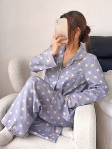 Napfluff Bubble Crinkle Star Print Lapel Long Sleeve Long Pants Pajama Set - Purple - View 4