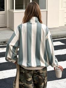 SuriyaCove كنزة رياضية جديدة مخططة بزر على شكل ضفدع وياقة واقفة وأكمام طويلة - متعدد الألوان - مشاهدة 3