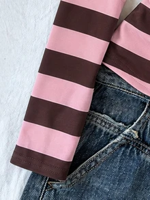 Tween Girl Striped Long Kids Sleeve Casual Versatile T-Shirt With Faux Button Design - White - View 3