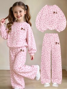 Young Girls Casual Fresh Pink Leopard Print Floral Dachshund Puppy Kawaii Pattern Crew Neck Sweatshirt And Wide Leg Pants Set Fall Outfits - Multicolor - View 1