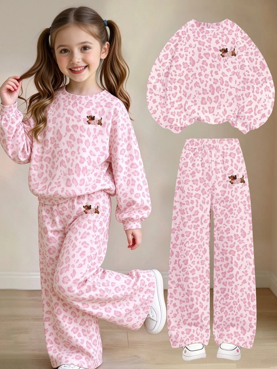 Young Girls Casual Fresh Pink Leopard Print Floral Dachshund Puppy Kawaii Pattern Crew Neck Sweatshirt And Wide Leg Pants Set Fall Outfits - Multicolor - View 1