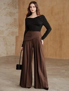 Anewsta Women's Pleated Solid Color Casual Daily Wear Suit Pants - Coffee Brown - View 7