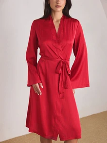 Ocili Women's Elegant Glossy Satin Minimalist Long Robe - Burgundy - View 6