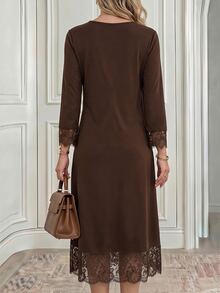 Holdful Holdful Women's Autumn Solid Color Round Neck Lace Cuff Patchwork Casual Dress - Coffee Brown - View 2