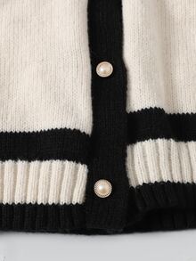 SHEIN Setelan 2 Potong untuk Anak Perempuan Remaja: Cardigan Patchwork dengan Hem dan Kancing Depan, Lengan Panjang, Sweater Kasual & Celana. - Hitam dan Putih - View 6