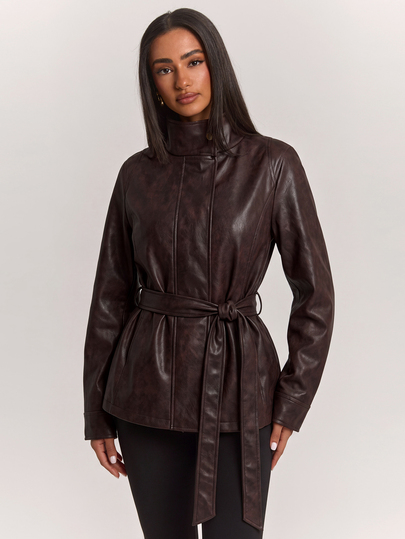 SHEIN BAE Chaqueta casual de cuero PU con cuello alto, manga larga y nudo en la cintura para mujer