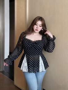 Vibekara New Elegant Sweet Chiffon & Contrast Lace Puff Sleeve Blouse, Frill Trim Cropped Shirt For Women, Slim Fit Fall - Black - View 6