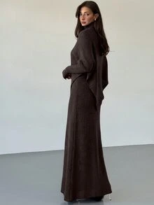 Aloruh Burgundy Knitted 2pcs Set New Autumn - Coffee Brown - View 2