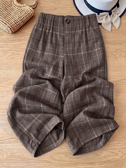 Rusticease Pantalones largos casuales versátiles de pierna ancha y sueltos con estampado de pata de gallo para mujer