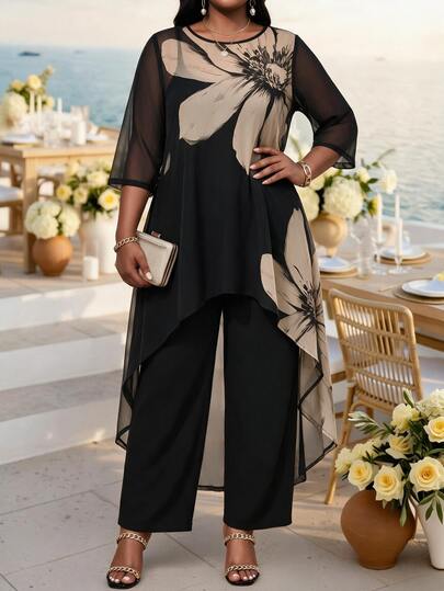 SHEIN Lady Conjunto de 2 piezas para mujer talla grande con top y pantalones con estampado floral, casual elegante para uso diario, otoño, fiesta, boda, caqui y negro