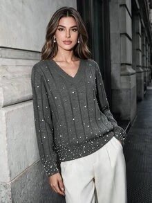 Anewsta Women's Gray Twisted Rope & Bead Embroidered Long Sleeve Sweater - Grey - View 6