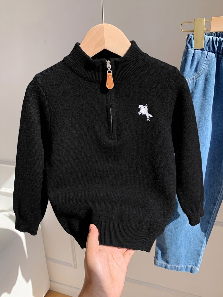 SHEIN Boys' Loose Fit Long Kids Sleeve Pullover Cardigan Autumn Sweater With Turn-Down Collar, Collegiate Style - Black - View 3