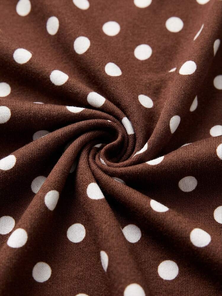 SHEIN SXY Plus Size Casual Brown Polka Dot Knit Fitted Square Neck Long Sleeve Bodysuit, Suitable For Autumn/Winter - Multicolor - View 7