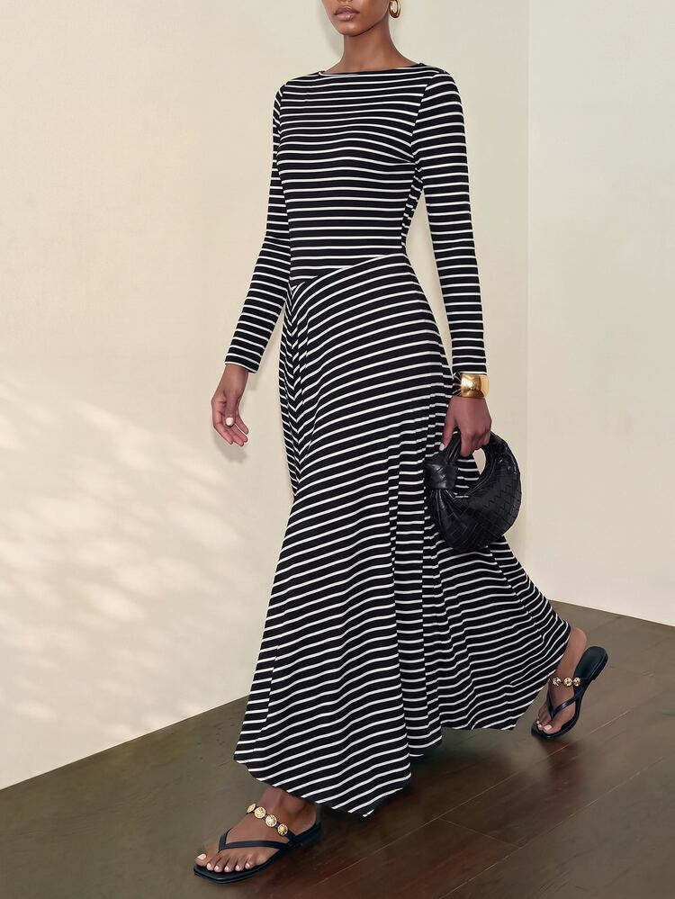 Zivah Women's Striped Casual Daily Summer Long Dress - Black and White - View 5