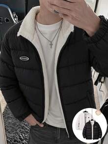 SHEIN Teen Boys' Jacket Thermal Lined Hooded Padded Quilted Winter Coat,Back-To-School Winter Autumn - Black - View 3