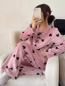 Napfluff Women's Autumn/Winter Plush Heart Print Long Sleeve & Long Pants Loungewear Set - Dusty Pink - View 4