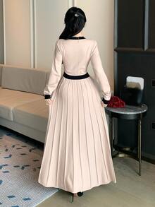 DAZY Women's Color Block Round Neck Long Sleeve Button Design Elegant Knit Dress - Apricot - View 2