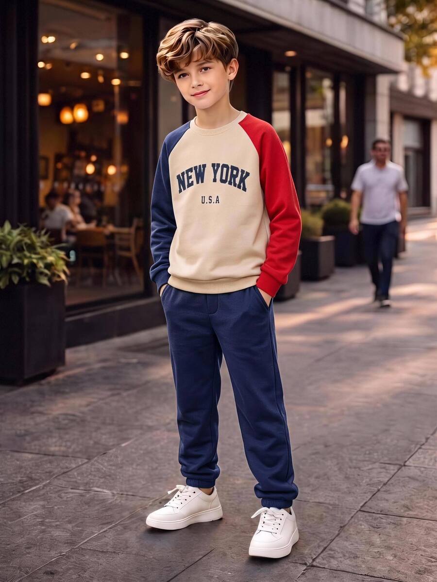 SHEIN Kids Tween Boy Letter Graphic Patchwork Long Sleeve Sweatshirt And Autumn Pants Casual Daily Outfit - Multicolor - View 1