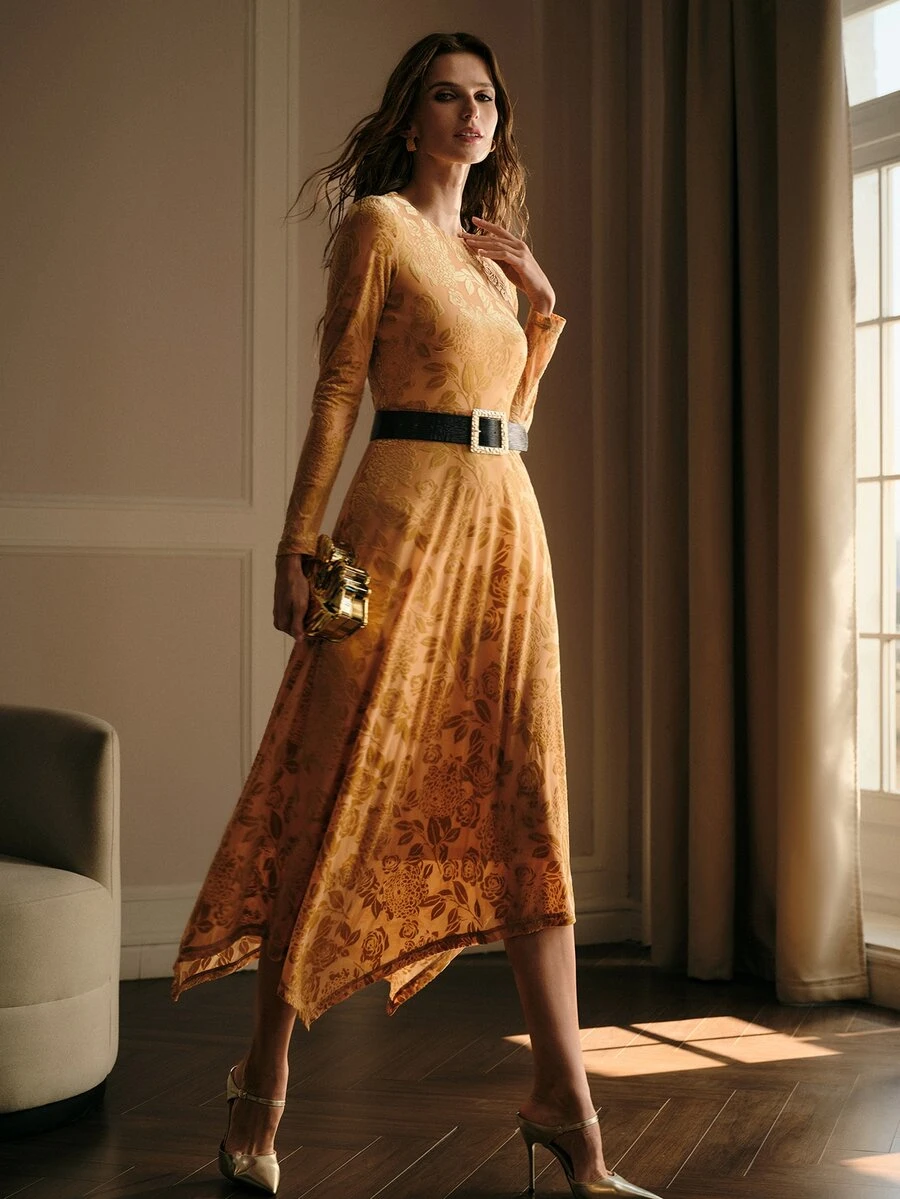 MOTF PREMIUM WOMEN'S ELEGANT VELVET ROSE JACQUARD ASYMMETRICAL HEM MIDI DRESS - Gold - View 1