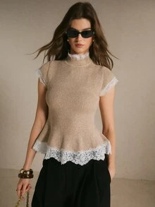 Poéselle Women's Contrast Lace Stand Collar Cap Sleeve Elegant Knit Top - Apricot - View 6