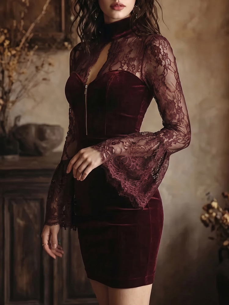 Balvessa Gaun Pendek Seksi Wanita Berbahan Beludru Warna Burgundy dengan Renda - Burgundy - View 5