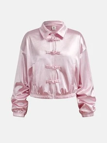SHEIN 青少年女孩秋冬粉色緞面優雅休閒復古青蛙鈕扣前開方領寬鬆夾克 - 粉色 - 查看 6
